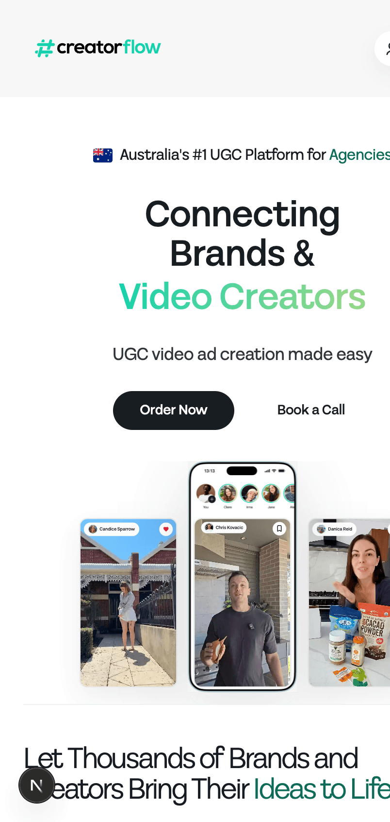 CreatorFlow mobile homepage